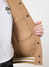 Load image into Gallery viewer, Puglia Varsity Bomber Jacket - Tan