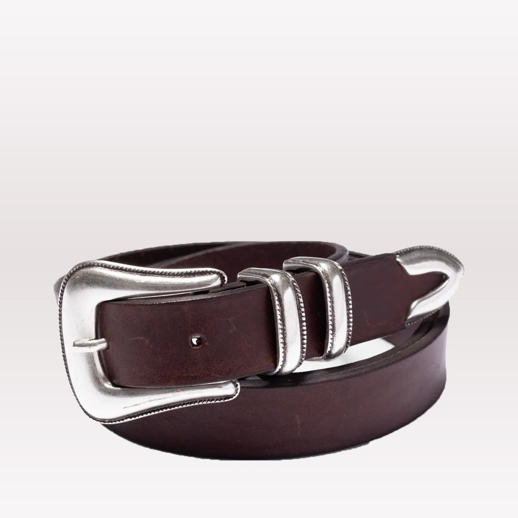 Western Silver Leather Belt - Dark Brown