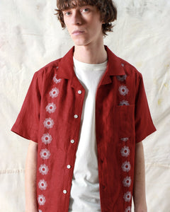 Stachio Camp Shirt - Sol Stripe Embroidery Deep Red