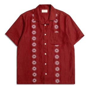 Stachio Camp Shirt - Sol Stripe Embroidery Deep Red